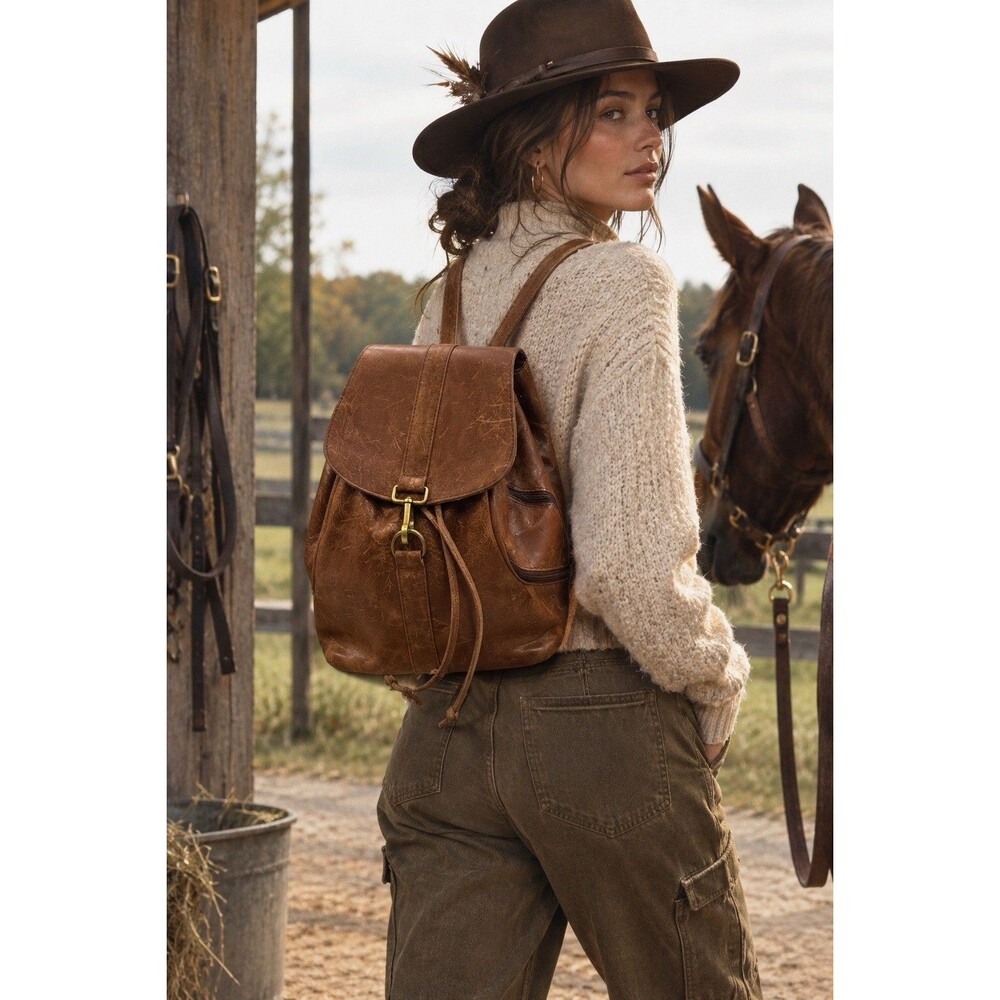 Artisan Mid-Century Style Tan Leather Slouch Rucksack Backpack Boho Travel Bag